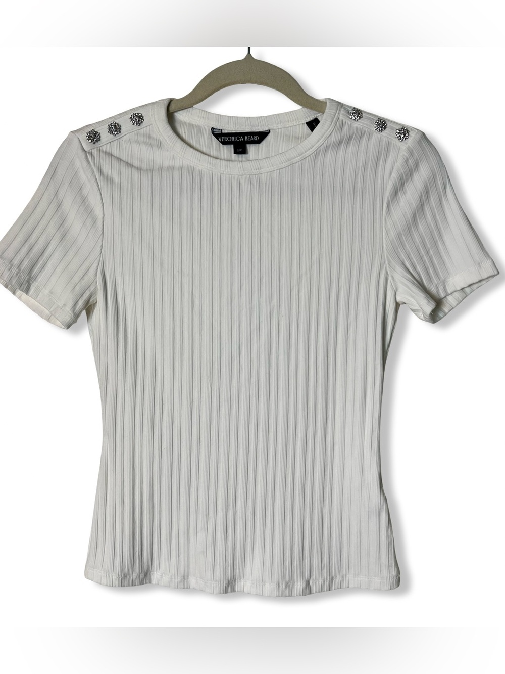 Veronica Beard Draya White Ribbed Crystal Rhinestone Button Babydoll Tee S